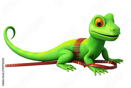 A cartoonish green lizard with a friendly expression, wearing a harness and leash.