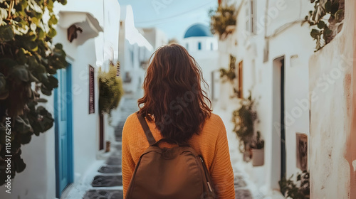 Fototapeta Naklejka Na Ścianę i Meble -  Woman strolling narrow streets Santorini Greece Europe iconic white walls blue domes