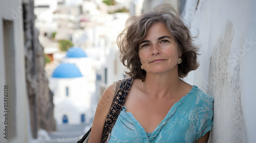 Fototapeta Naklejka Na Ścianę i Meble -  Woman strolling narrow streets Santorini Greece Europe iconic white walls blue domes