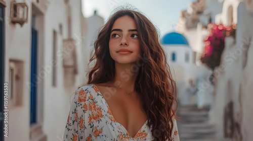 Fototapeta Naklejka Na Ścianę i Meble -  Woman strolling narrow streets Santorini Greece Europe iconic white walls blue domes