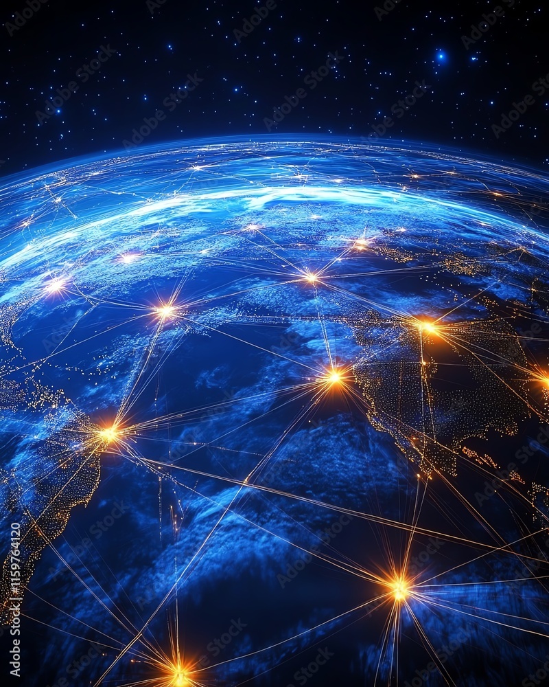 A futuristic concept of global network connectivity on Earth, with glowing digital lines and data streams connecting continents, symbolizing cyber technology A futuristic concept of global network connectivity on Earth, with glowing digital lines and data streams connecting continents, symbolizing cyber technology