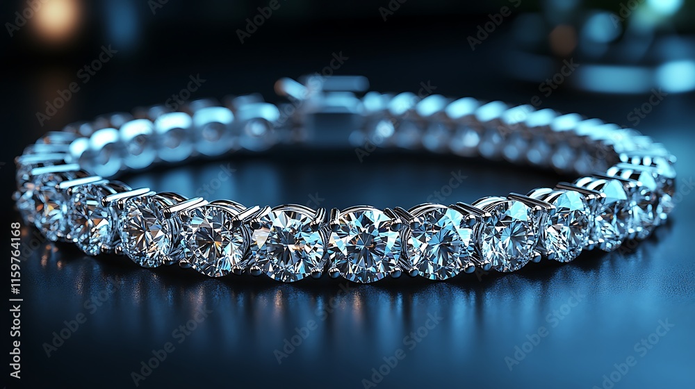 Elegant diamond bracelet displayed on a dark surface, showcasing brilliant sparkles in a serene setting Elegant diamond bracelet displayed on a dark surface, showcasing brilliant sparkles in a serene setting