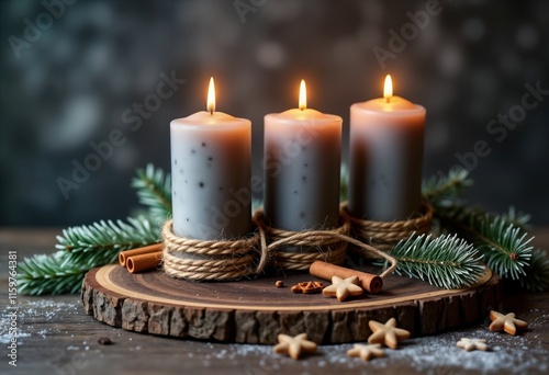 Three grey candles burn brightly on wooden platter. Rustic twine encircles candles. Fir branches, cinnamon sticks arranged around candles. Christmas cookies scattered on platter. Festive, cozy photo