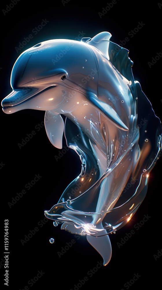 Naklejka premium Dolphin leaping from water, glowing, dark background.