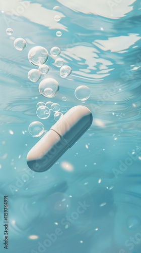 Realistic white of mini capsule submerged in light blue water photo