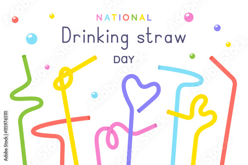 Various drinking straws of different shapes. National drinking straw day. Colour plastic drinking straws with bubbles of soda. Festive horizontal banner. Cartoon elements. Vector