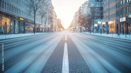 Sunlit snowy city street, perspective view.