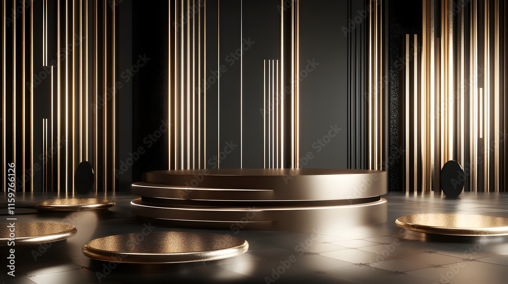 3d rendering of Brown and gold abstract geometric background. Scene for advertising, technology, showcase, banner, game, sport, cosmetic, business, metaverse. Sci-Fi Illustration. Product display
3d rendering of Brown and gold abstract geometric background. Scene for advertising, technology, showcase, banner, game, sport, cosmetic, business, metaverse. Sci-Fi Illustration. Product display