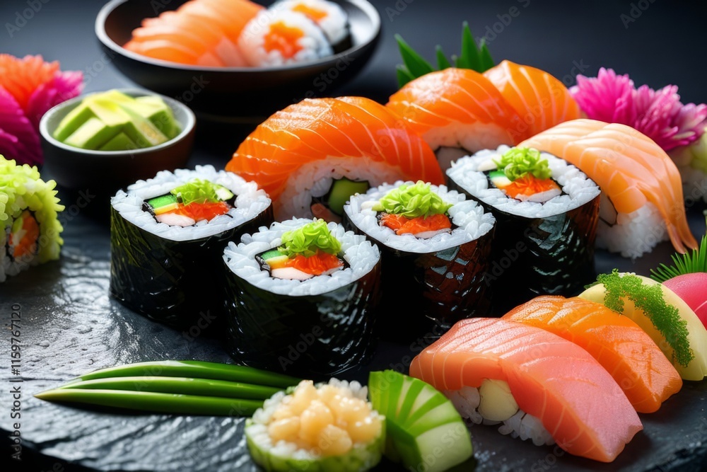 Gourmet sushi display featuring colorful rolls, sashimi, and garnishes. Ideal for food styling, restaurant advertising, and culinary articles, highlighting fresh ingredients and artistic presentation. Gourmet sushi display featuring colorful rolls, sashimi, and garnishes. Ideal for food styling, restaurant advertising, and culinary articles, highlighting fresh ingredients and artistic presentation.