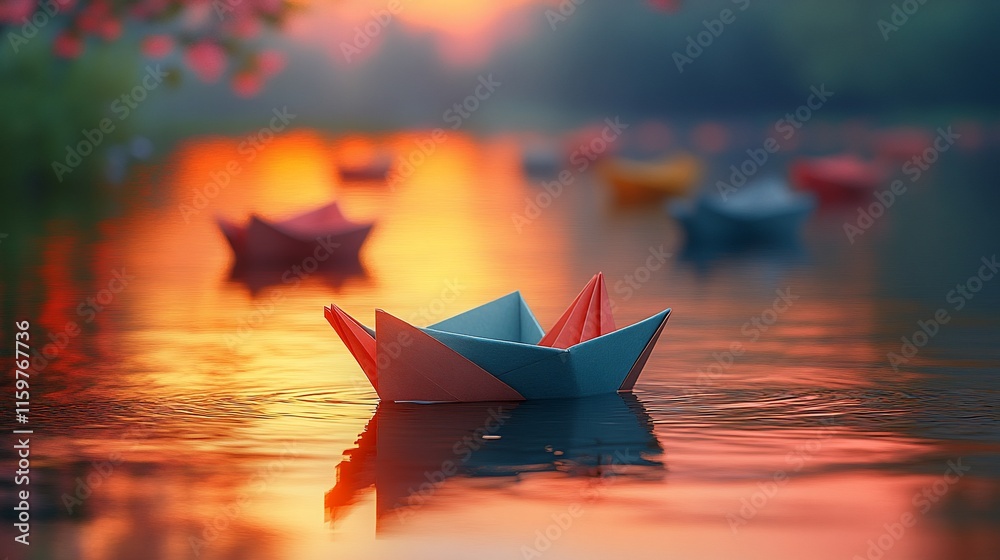Fototapeta premium Paper Boats Floating on Sunset Water