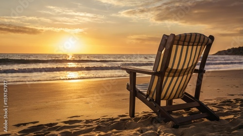 vacation mode, Empty beach chair facing a golden sunset horizon

