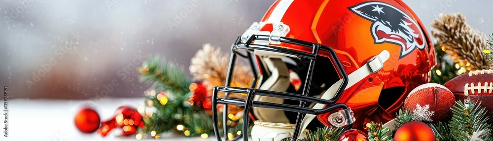 Fototapeta premium A vibrant football helmet amidst festive decorations, symbolizing the spirit of sports and holiday cheer.