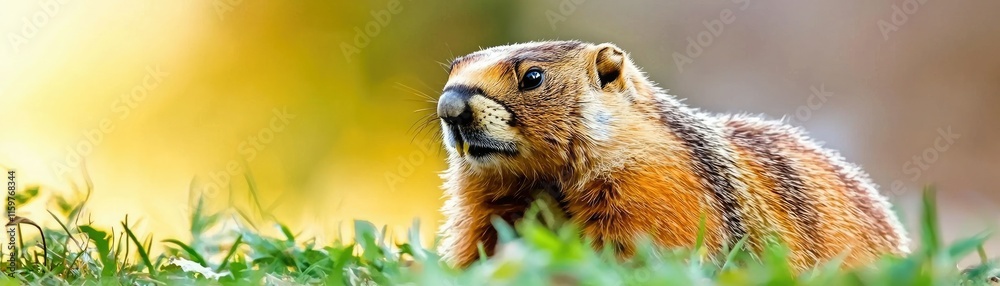 Fototapeta premium A close-up of a cute marmot resting in the grass, showcasing its distinctive fur and inquisitive expression against a warm, blurred background.