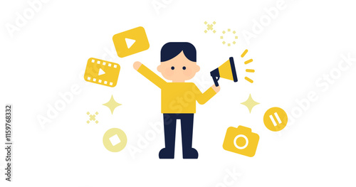 コンテンツクリエイターとメディアアイコンのシンプルイラスト ( ベクター背景素材 アイキャッチ 白背景 1:1.191 )