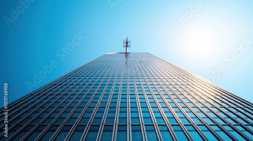 5G connectivity network latency concept. A skyscraper viewed from below, showcasing its glass facade and antenna against a clear blue sky with bright sunlight.