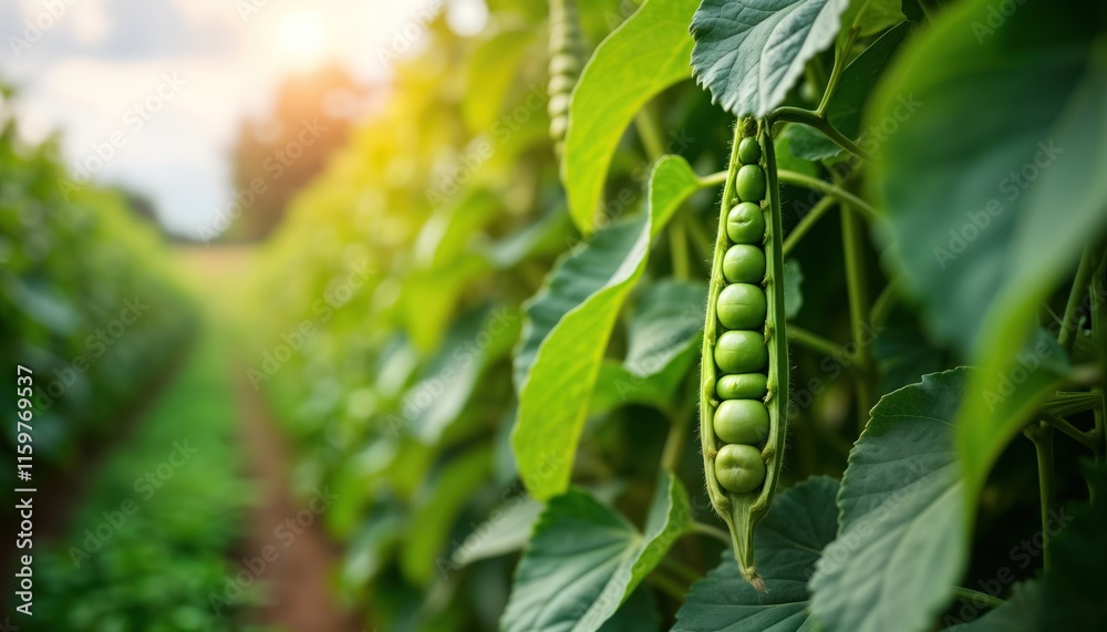 Naklejka premium Green peas grow in rich field on sunny day. Soybean pods full, healthy. Agriculture, nature displayed. Rural scene shows sustainable food source. Crop thriving. Image highlights natural beauty of