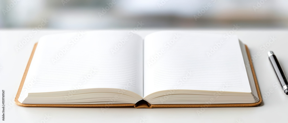 close up of blank notebook page lying open on table, inviting creativity and ideas