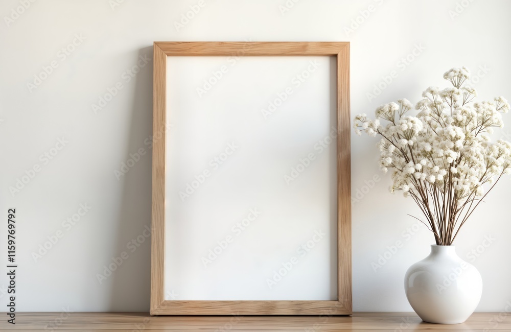 Empty light brown wooden frame on white wall. White vase with dry gypsophila flowers sits beside frame. Modern minimalist home decor. Interior design template for artwork. Perfect for mockups, Empty light brown wooden frame on white wall. White vase with dry gypsophila flowers sits beside frame. Modern minimalist home decor. Interior design template for artwork. Perfect for mockups,
