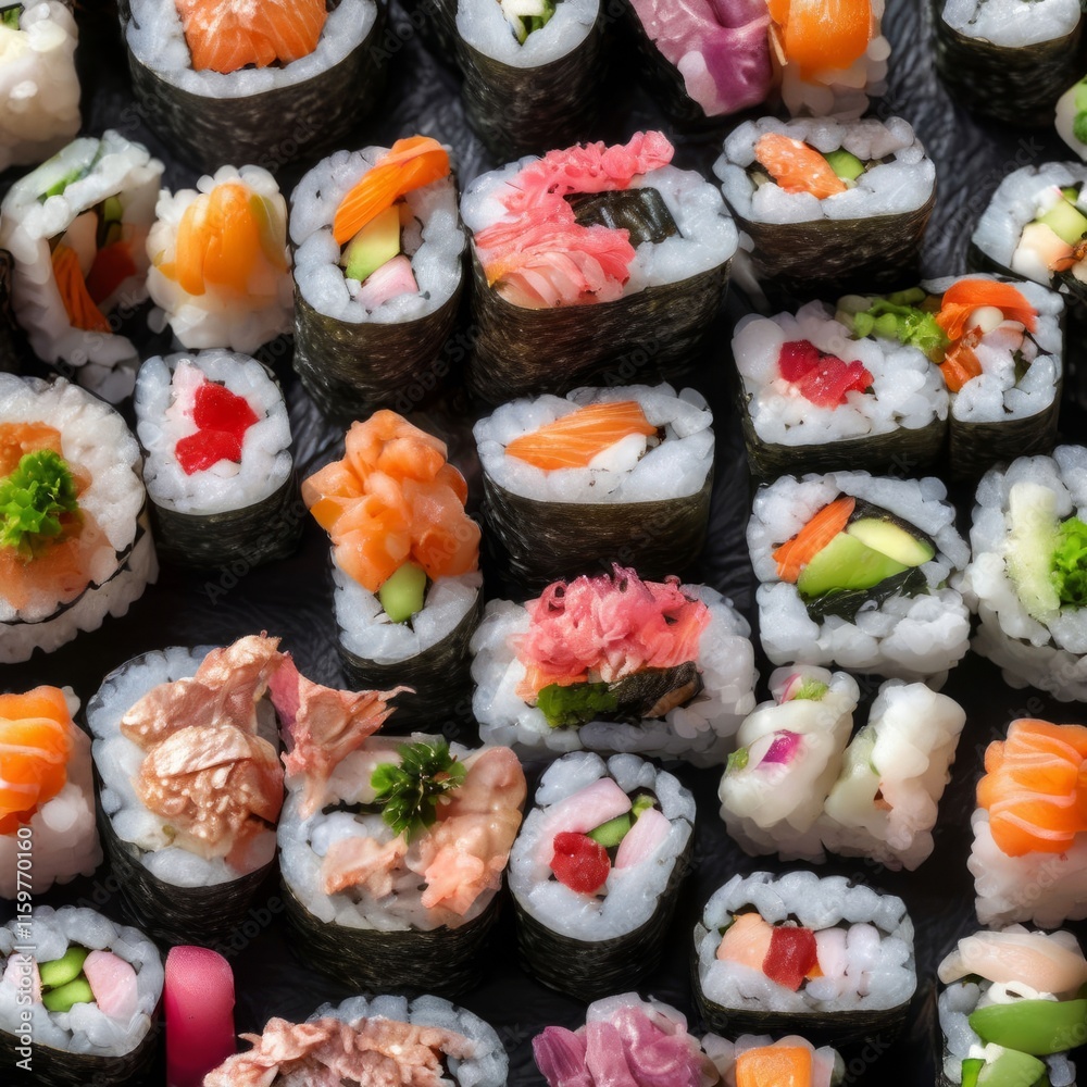 Gourmet sushi display featuring colorful rolls, sashimi, and garnishes. Ideal for food styling, restaurant advertising, and culinary articles, highlighting fresh ingredients and artistic presentation. Gourmet sushi display featuring colorful rolls, sashimi, and garnishes. Ideal for food styling, restaurant advertising, and culinary articles, highlighting fresh ingredients and artistic presentation.