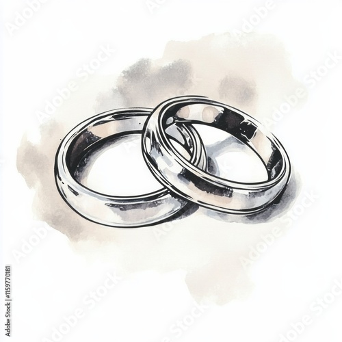 Elegant silver wedding rings on watercolor background