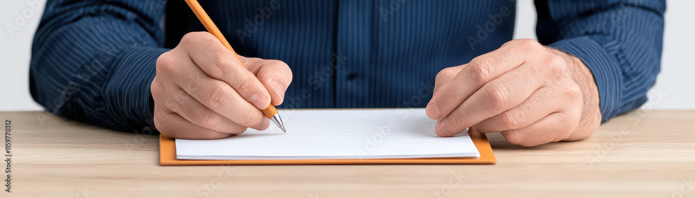 businessman writing notes on notepad with pencil, focused and engaged businessman writing notes on notepad with pencil, focused and engaged