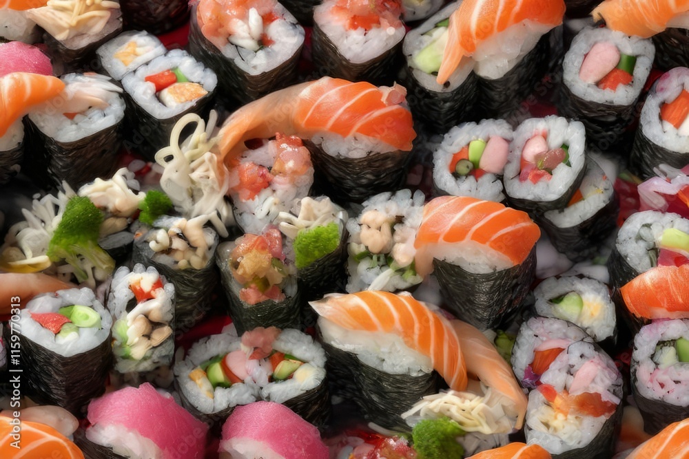 Gourmet sushi display featuring colorful rolls, sashimi, and garnishes. Ideal for food styling, restaurant advertising, and culinary articles, highlighting fresh ingredients and artistic presentation. Gourmet sushi display featuring colorful rolls, sashimi, and garnishes. Ideal for food styling, restaurant advertising, and culinary articles, highlighting fresh ingredients and artistic presentation.