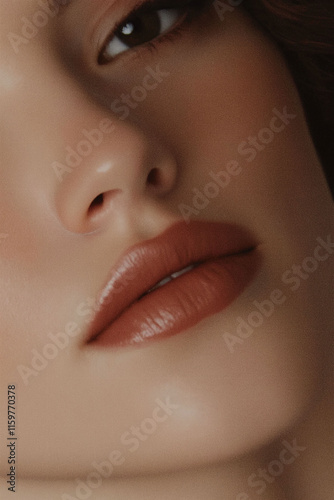 Close-up view of a model showcasing natural makeup and healthy skin in a studio setting during daylight