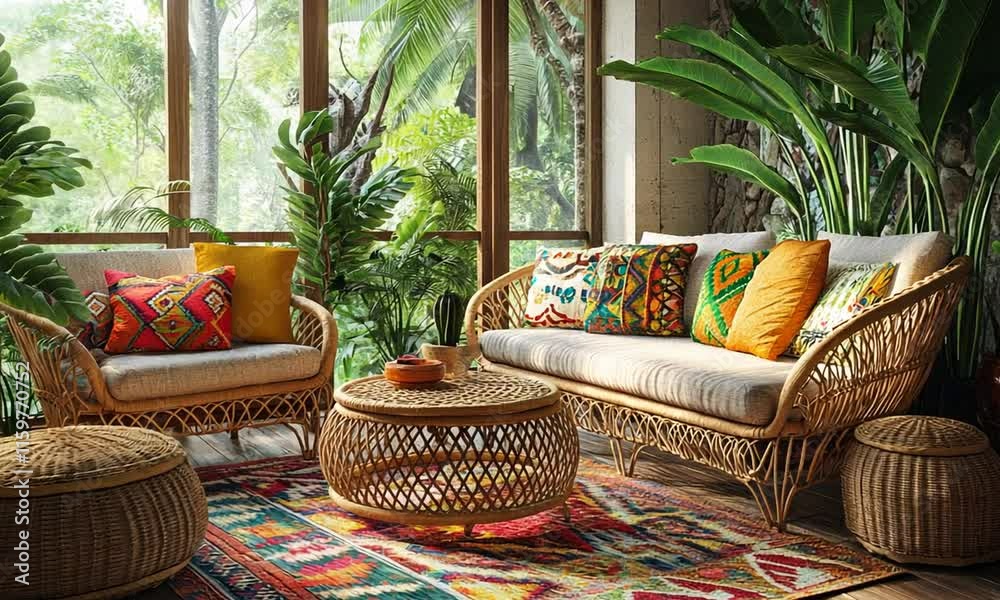 Tropical Bohemian Rattan Patio Furniture Set with Colorful Pillows and Rug Tropical Bohemian Rattan Patio Furniture Set with Colorful Pillows and Rug