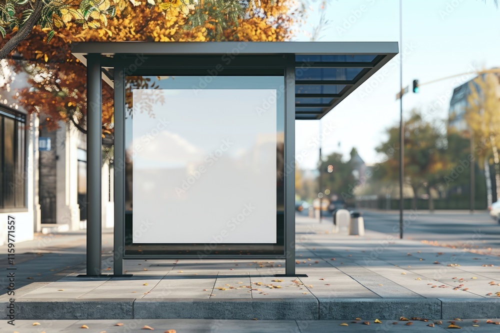 Autumn season urban setting with bus stop shelter and fall foliage. Empty bench under clear sky. Autumn season urban setting with bus stop shelter and fall foliage. Empty bench under clear sky.