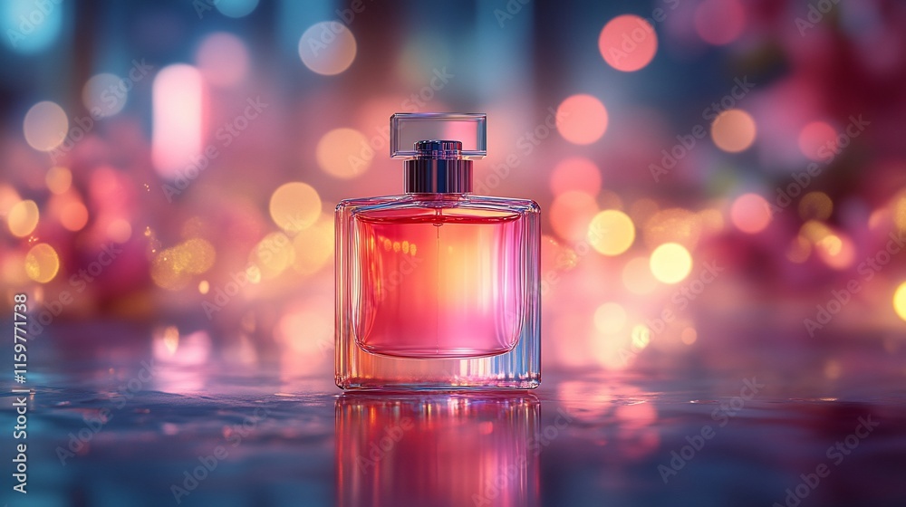 Elegant Perfume Bottle Reflecting Neon Lights Elegant Perfume Bottle Reflecting Neon Lights