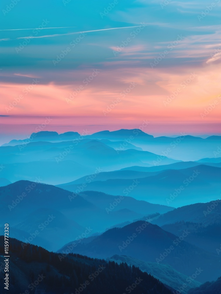 Fototapeta premium Breathtaking sunset over mountain range with mist and clouds.