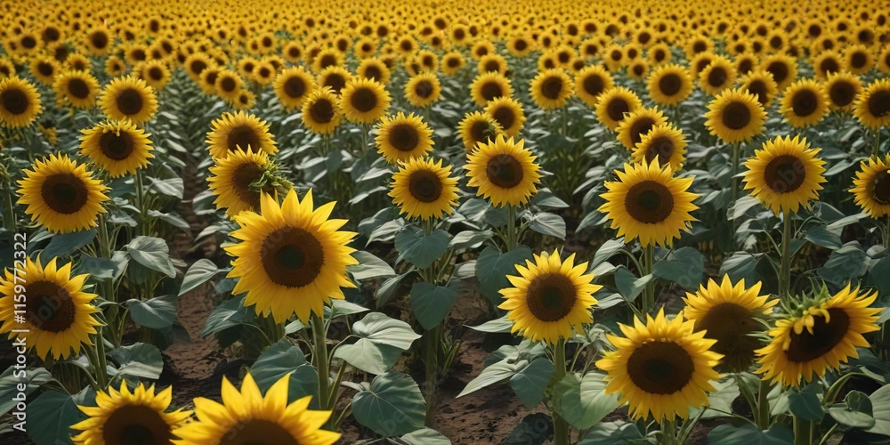 A field of sunflowers with large, bright yellow petals and dark centers, bloom, green leaves A field of sunflowers with large, bright yellow petals and dark centers, bloom, green leaves
