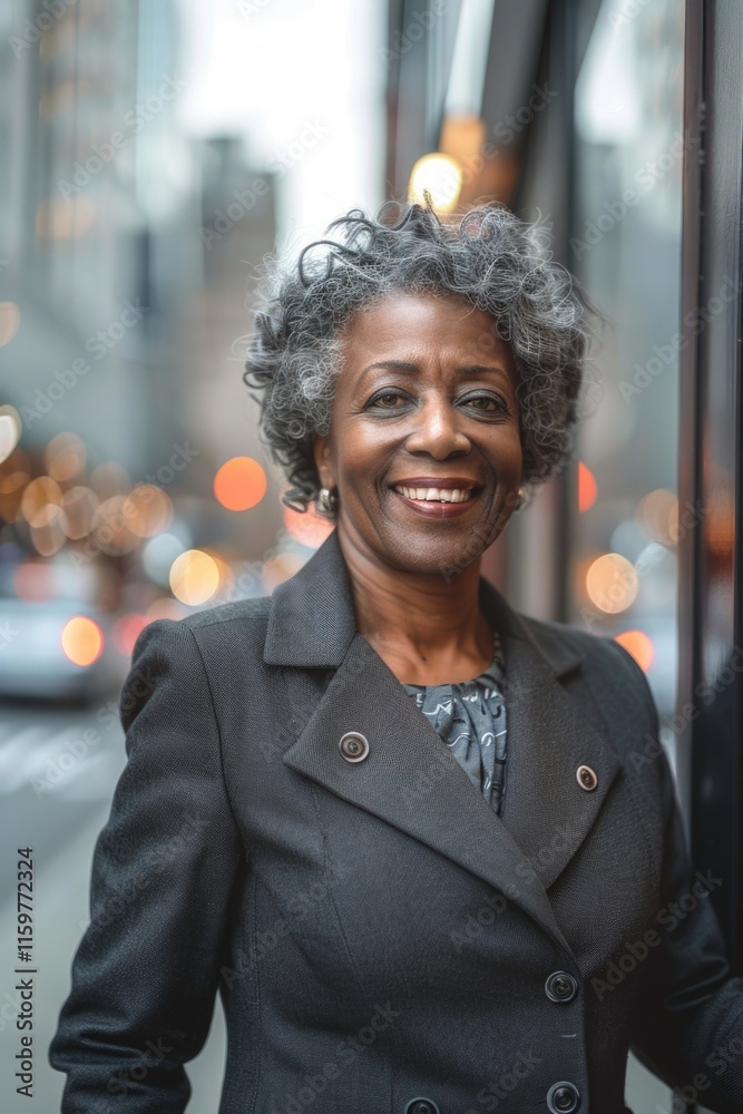 Elderly black woman wearing suit smiling at the camera in city backdrop with traffic lights. Elderly black woman wearing suit smiling at the camera in city backdrop with traffic lights.
