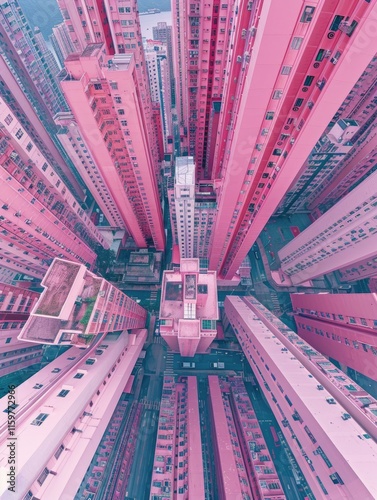 A vibrant cityscape of pink high-rise apartment buildings.
