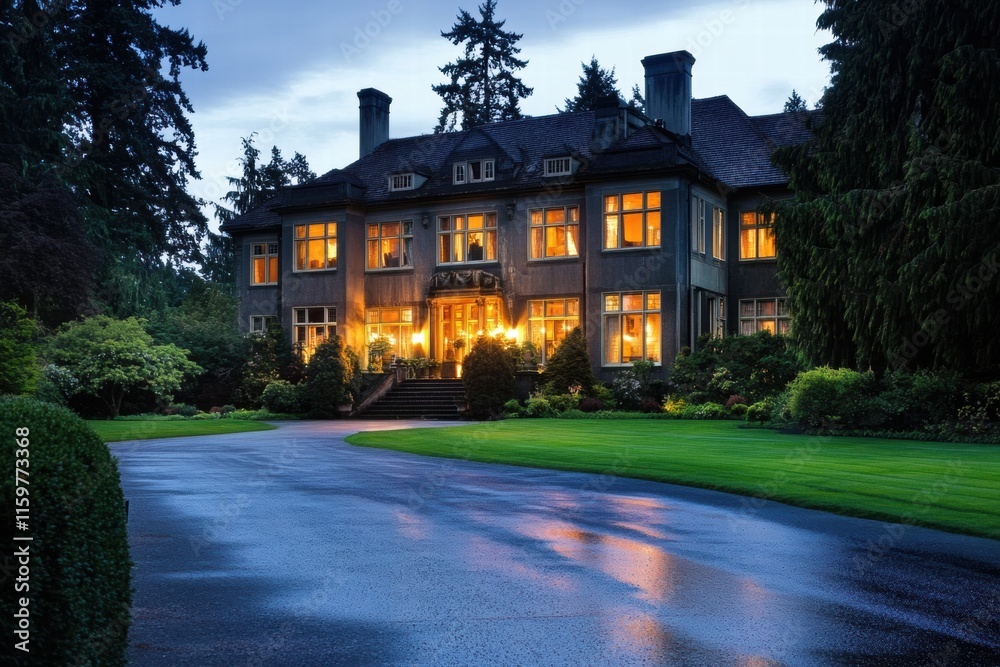 Luxury mansion illuminated at dusk surrounded by lush greenery and a serene driveway in a tranquil neighborhood setting. Generative AI Luxury mansion illuminated at dusk surrounded by lush greenery and a serene driveway in a tranquil neighborhood setting. Generative AI