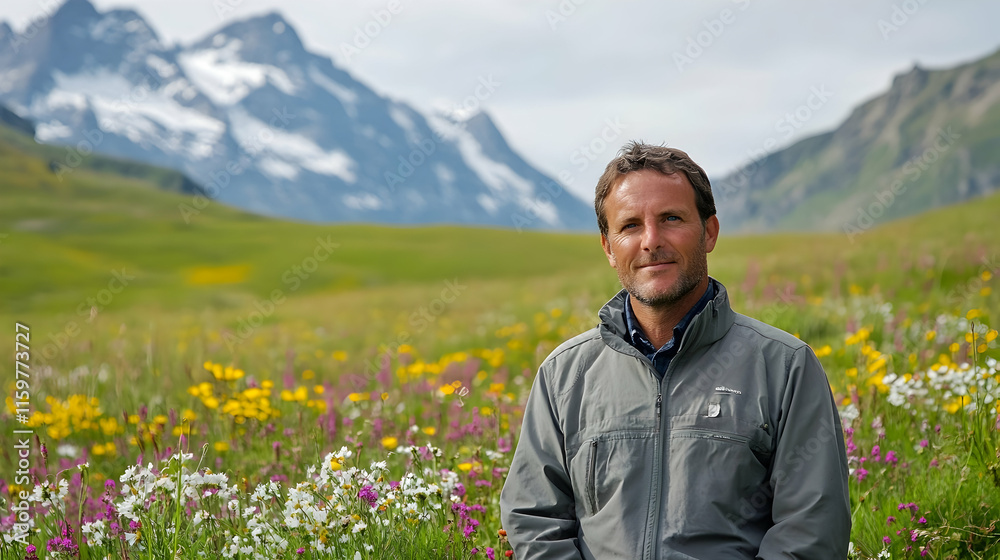 Man standing in meadow wildflowers Swiss Alps Switzerland Europe snowy peaks horizon Man standing in meadow wildflowers Swiss Alps Switzerland Europe snowy peaks horizon