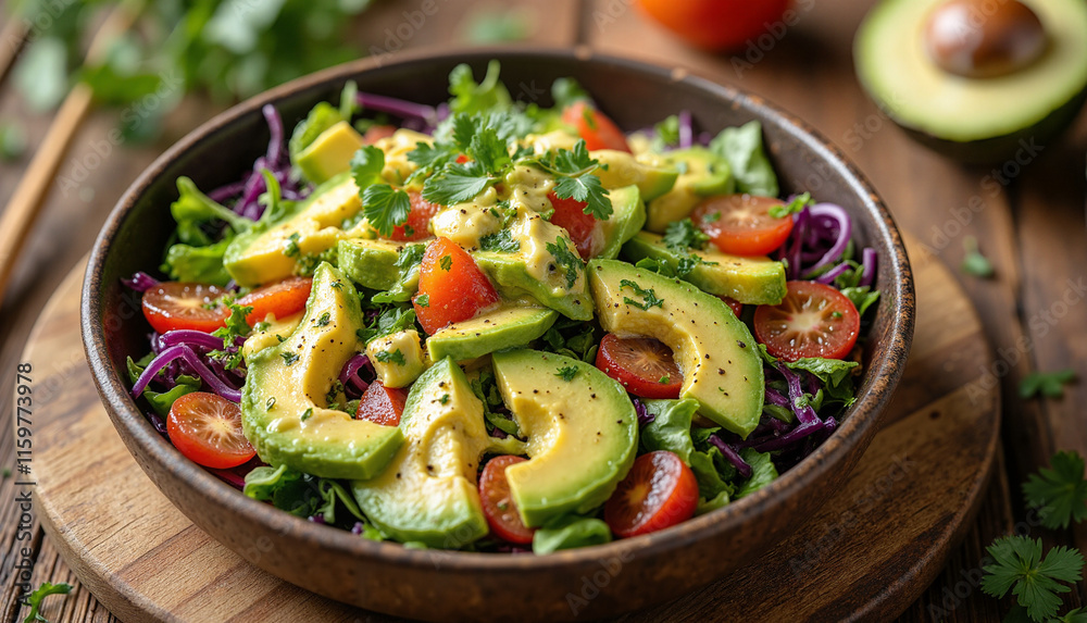 Vibrant Vegan Buddha Bowl with Avocado and Cherry Tomatoes on Rustic Wooden Table Vibrant Vegan Buddha Bowl with Avocado and Cherry Tomatoes on Rustic Wooden Table