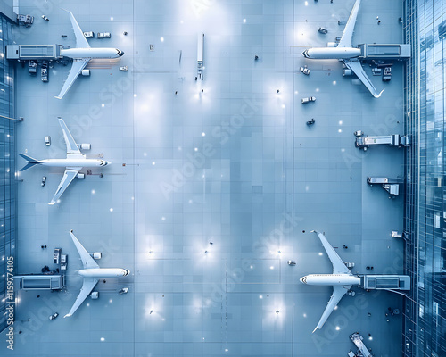 Aerial view of four airplanes parked at airport gates, illuminated at night.  Modern airport infrastructure and transport. photo