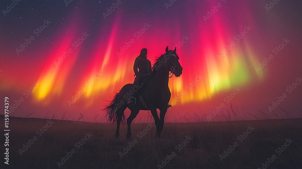 Fototapeta premium Rider and horse silhouetted against vibrant aurora borealis