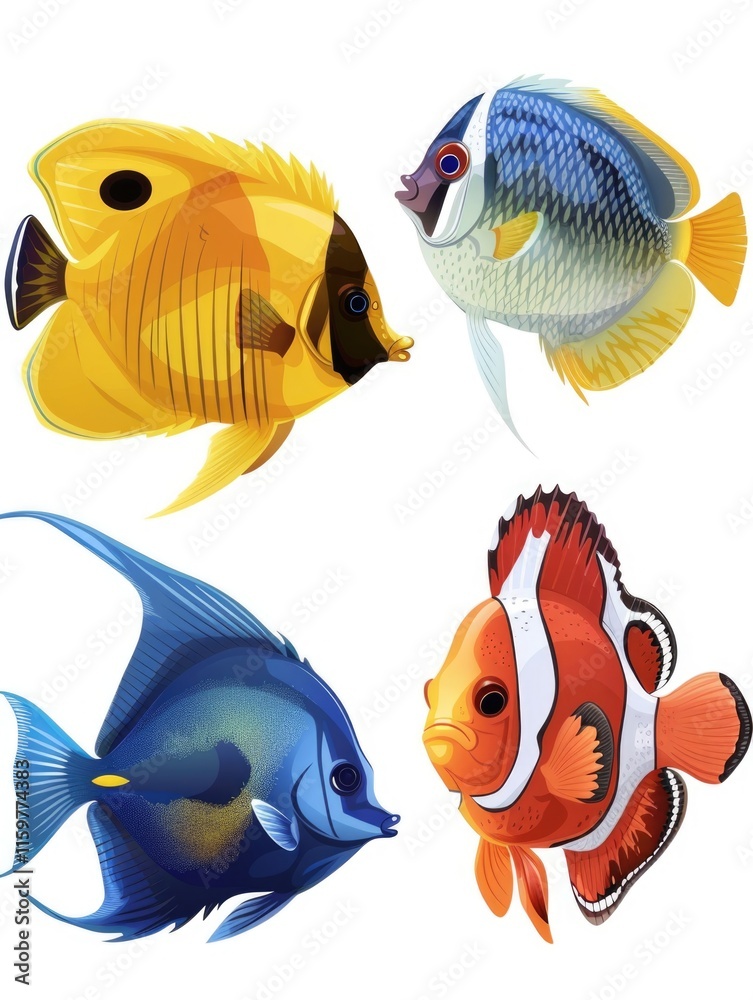 Naklejka premium A collection of four tropical fish, each with vibrant colors and intricate patterns typical of the ocean's diverse marine life.