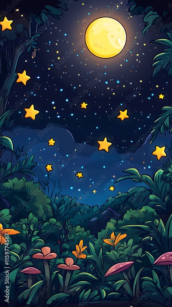 A serene night scene with a bright moon and stars over a lush, colorful forest. A serene night scene with a bright moon and stars over a lush, colorful forest.