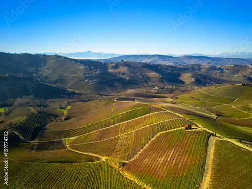 Panorama by drone of the hills covered by vineyards, near the village of Serralunga (Piedmont Region, Northern Italy). World famous for its red wine named Barolo, is Unesco site.