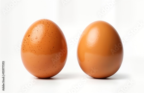 Two brown chicken eggs isolated on white background. Full depth of field. Focus stacking. Eggs smooth, glossy. Look fresh, healthy. Perfect for food, cooking, breakfast, Easter themes. Ideal for photo