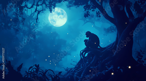 Wallpaper Mural Mysterious moonlit misty primordial forest with solitary pensive monkey sitting on ancient gnarled tree roots, lost in thought, surrounded by eerie twinkling fireflies. Wistful. Illustration Torontodigital.ca