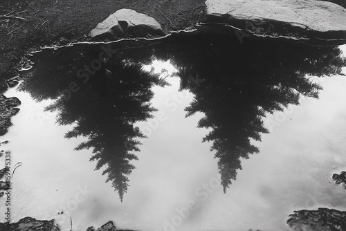 Mirror image of trees reflected in a puddle. Black and white. 