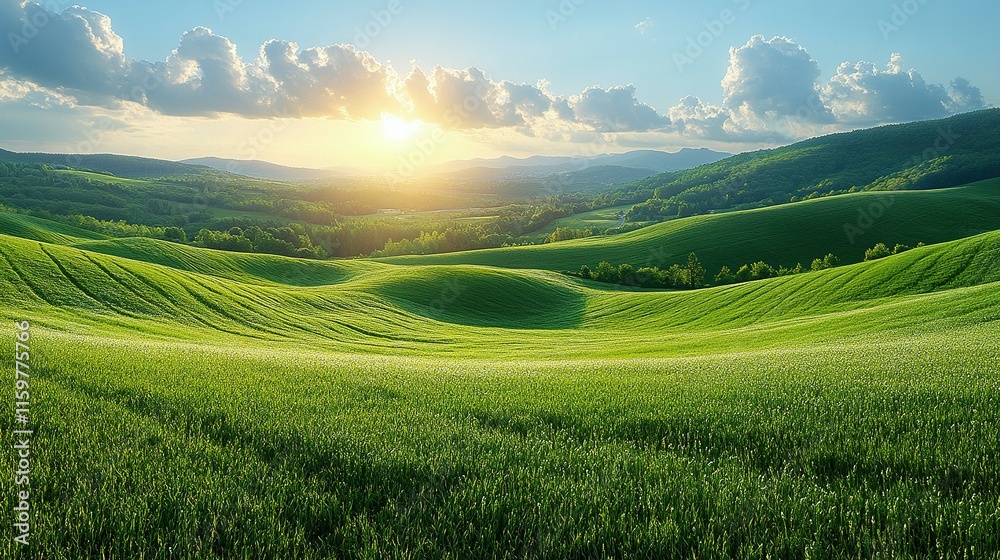 Obraz premium Rolling Green Hills Sunset Landscape Scene