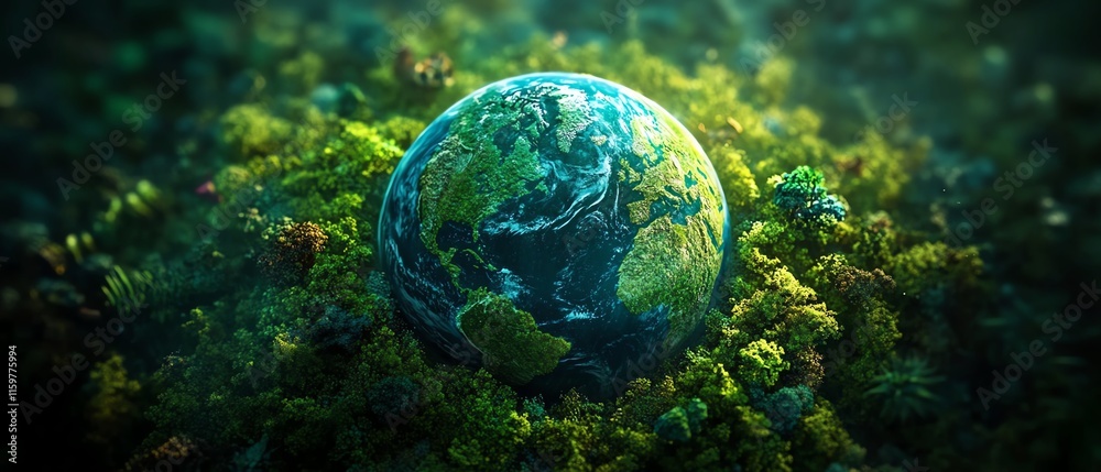 A powerful Earth Day concept with a green planet surrounded by lush forests, vibrant wildlife, and copy space for a message to protect nature A powerful Earth Day concept with a green planet surrounded by lush forests, vibrant wildlife, and copy space for a message to protect nature