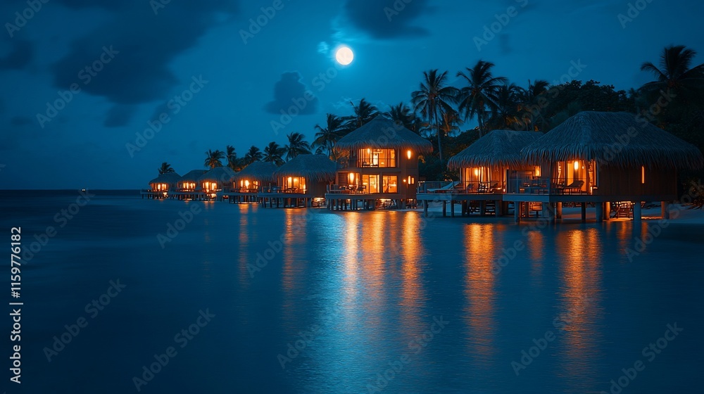 Tropical overwater bungalows illuminated at night under a full moon