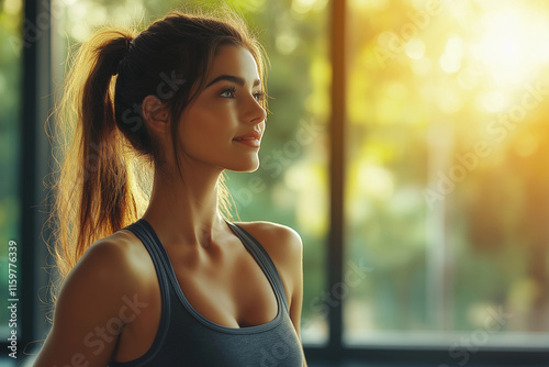 Young woman in athletic wear looks out a window, bathed in warm sunlight. Free Download Young woman in athletic wear looks out a window, bathed in warm sunlight. - GFXLoad