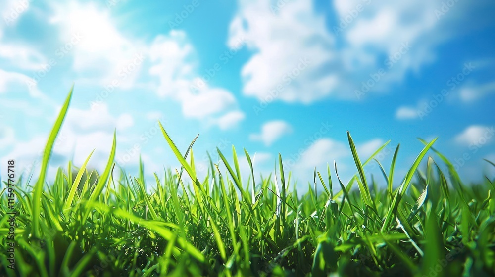 Fototapeta premium Vibrant green grass against a sunny blue sky.
